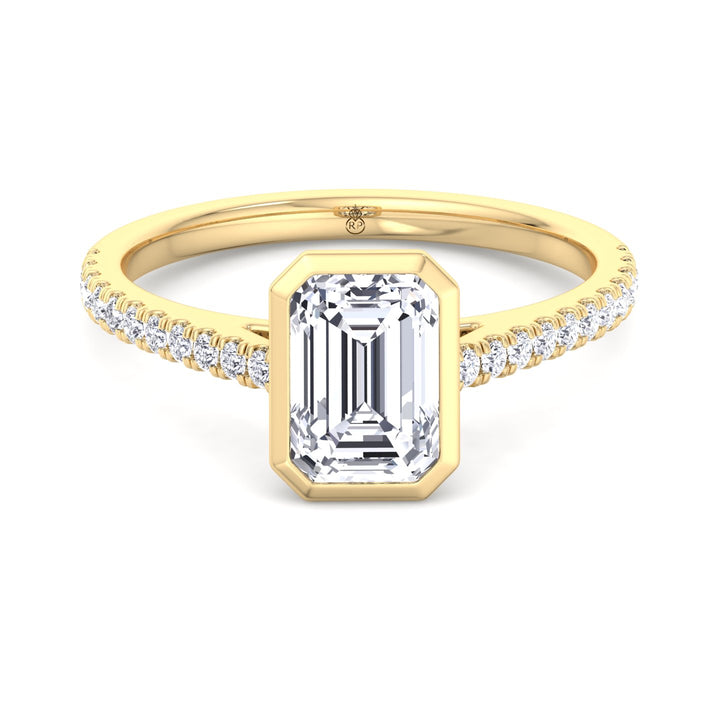 Emerald Shape Bezel Set Engagement Ring with Cathedral Style Pave Band
