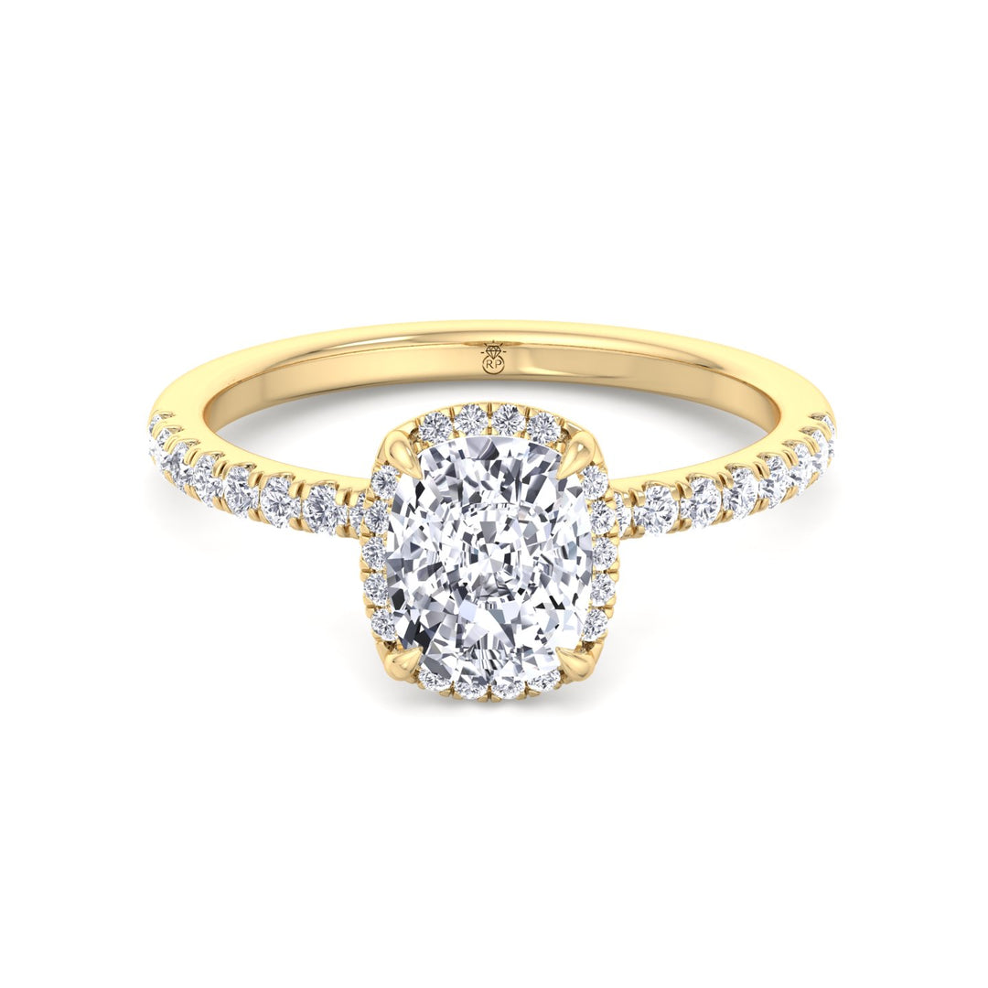 Elongated Cushion Cut Halo Engagement Ring with Pave Band