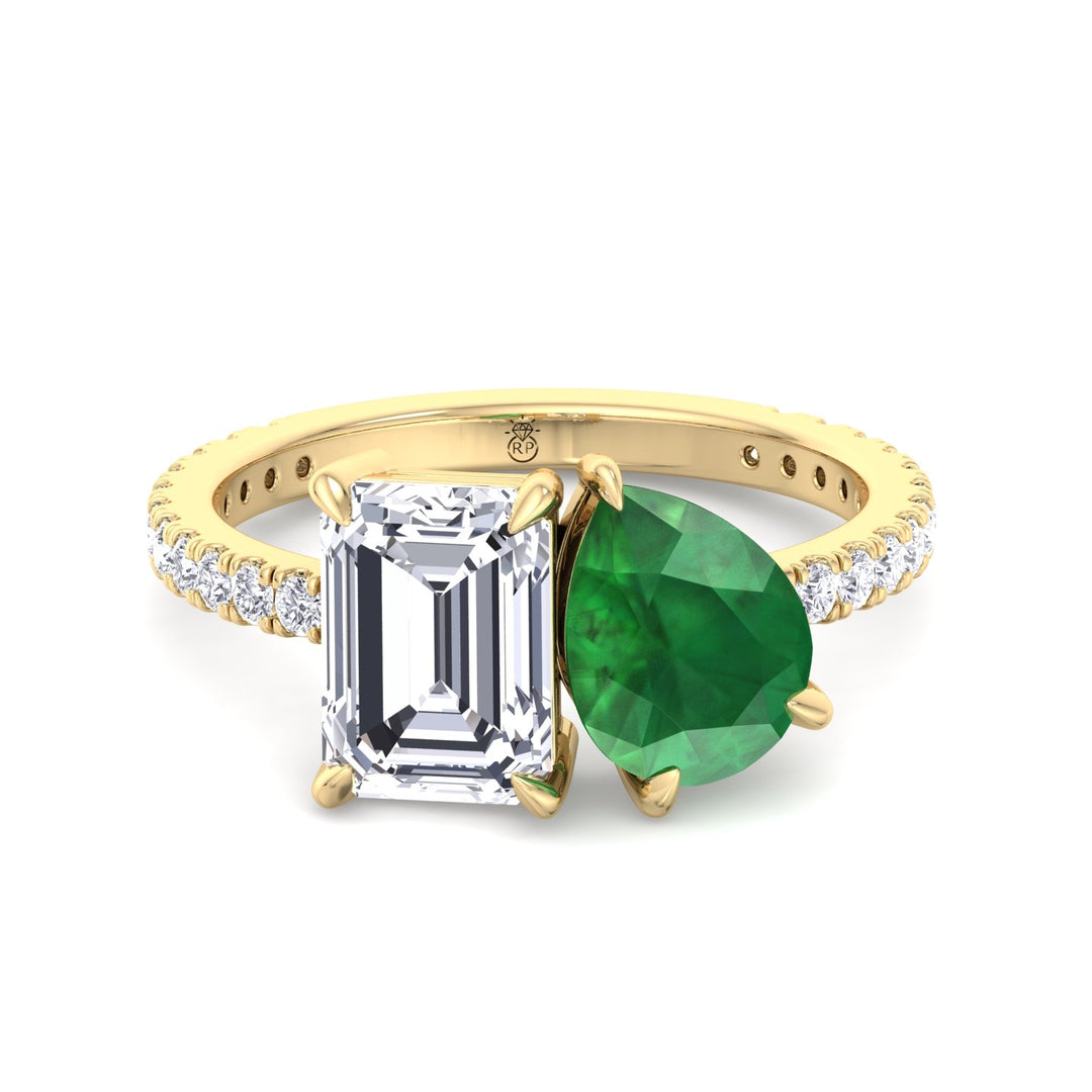Toi Et Moi Emerald &amp; Green Pear Shape Engagement Ring With Pave Band