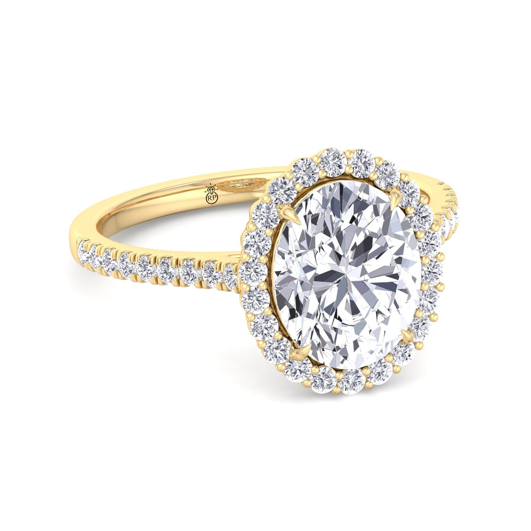Oval Shape Scalloped Halo Engagement Ring With Pave Band