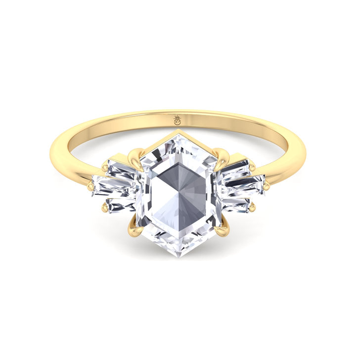 Rose Cut Hexagon Shape Engagement Ring With Tapered Baguettes