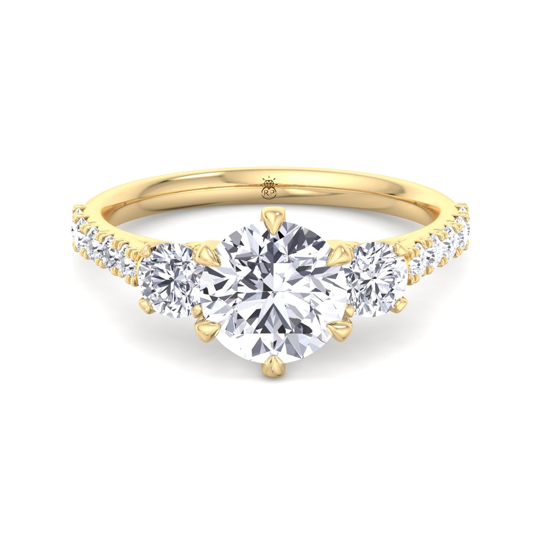 Three Stone Round Cut Fancy Crown Style Engagement Ring