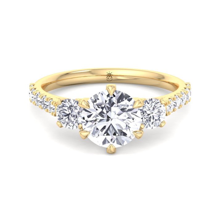 Three Stone Round Cut Fancy Crown Style Engagement Ring