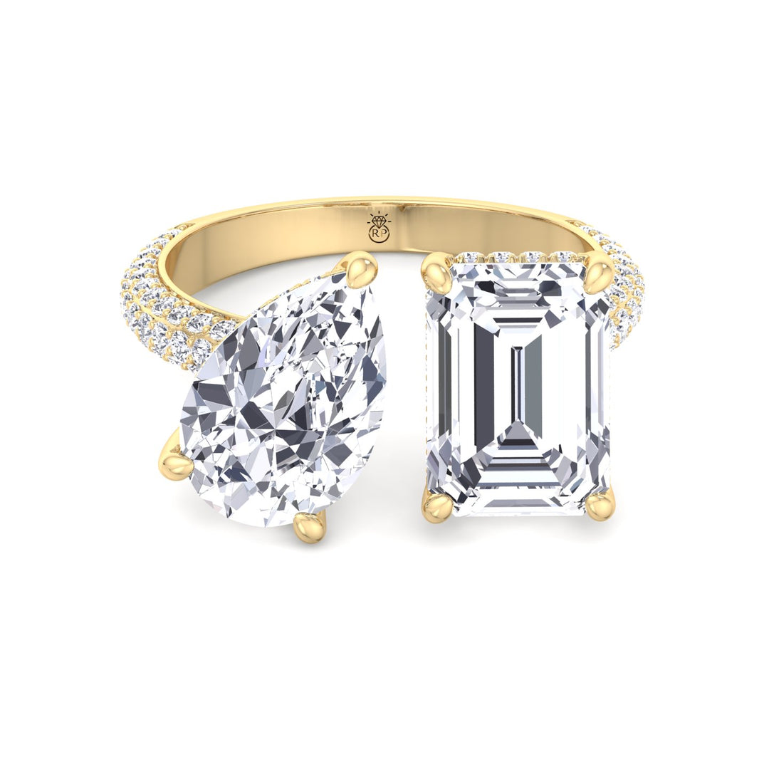 Toi Et Moi Pear &amp; Emerald Shape Hidden Halo Engagement Ring with Side Stones