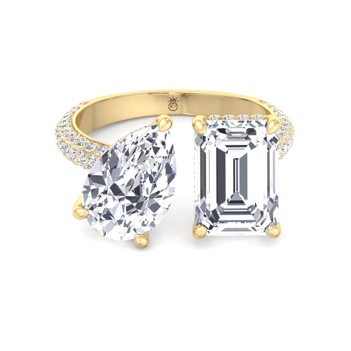 Toi Et Moi Pear &amp; Emerald Shape Hidden Halo Engagement Ring with Side Stones