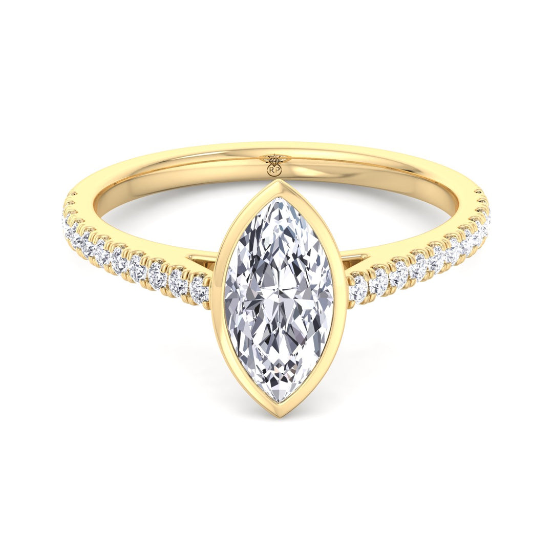 Bezel Set Marquise Shape Engagement Ring With Cathedral Style Pave Band