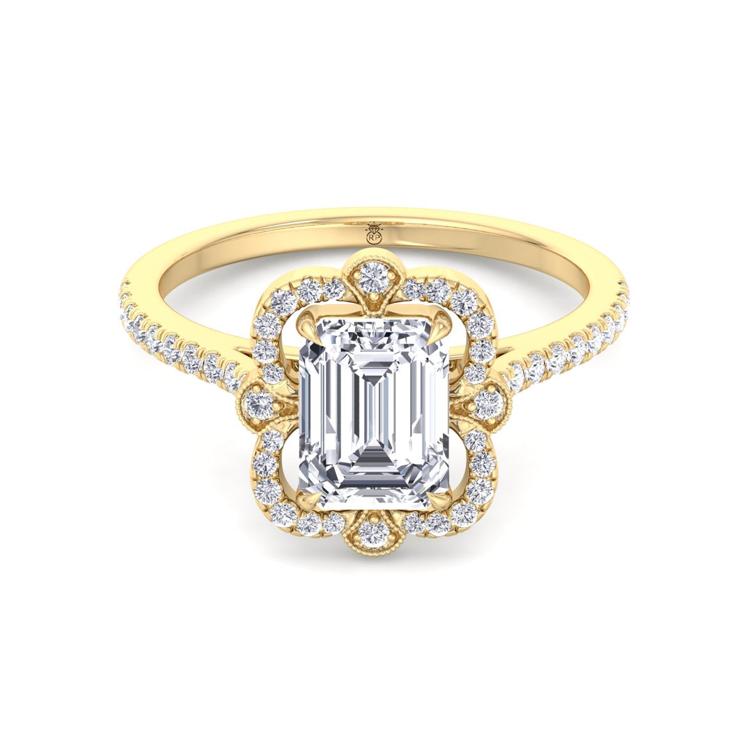 Vintage Style Emerald Cut Engagement Ring with Round Cut Sidestones