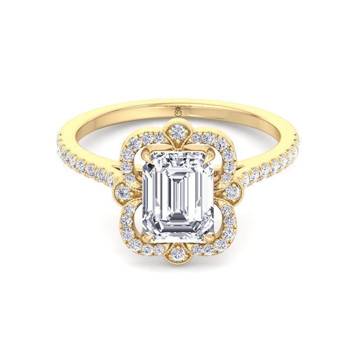 Vintage Style Emerald Cut Engagement Ring with Round Cut Sidestones