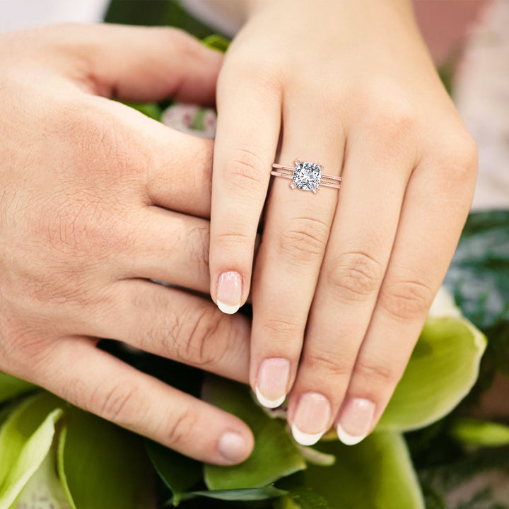 Cushion Cut Solitaire Engagement Ring With Double Band