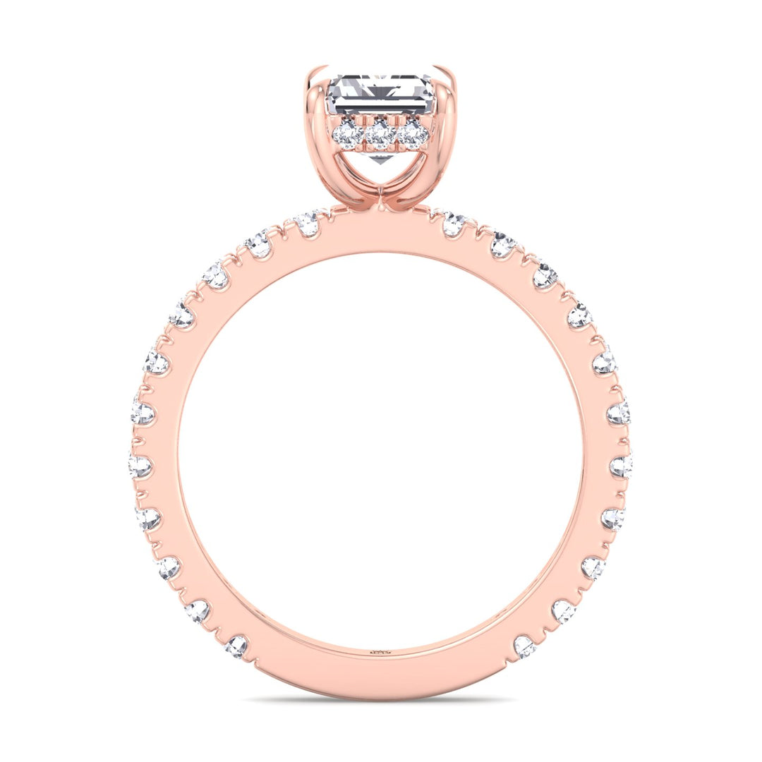 Emerald Cut Hidden Halo &amp; Round Side Stones Engagement Ring
