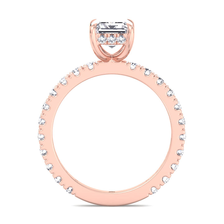 Emerald Cut Hidden Halo &amp; Round Side Stones Engagement Ring