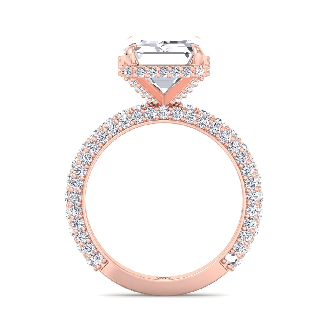 Emerald Cut Engagement Ring with Sidestones and Hidden Halo