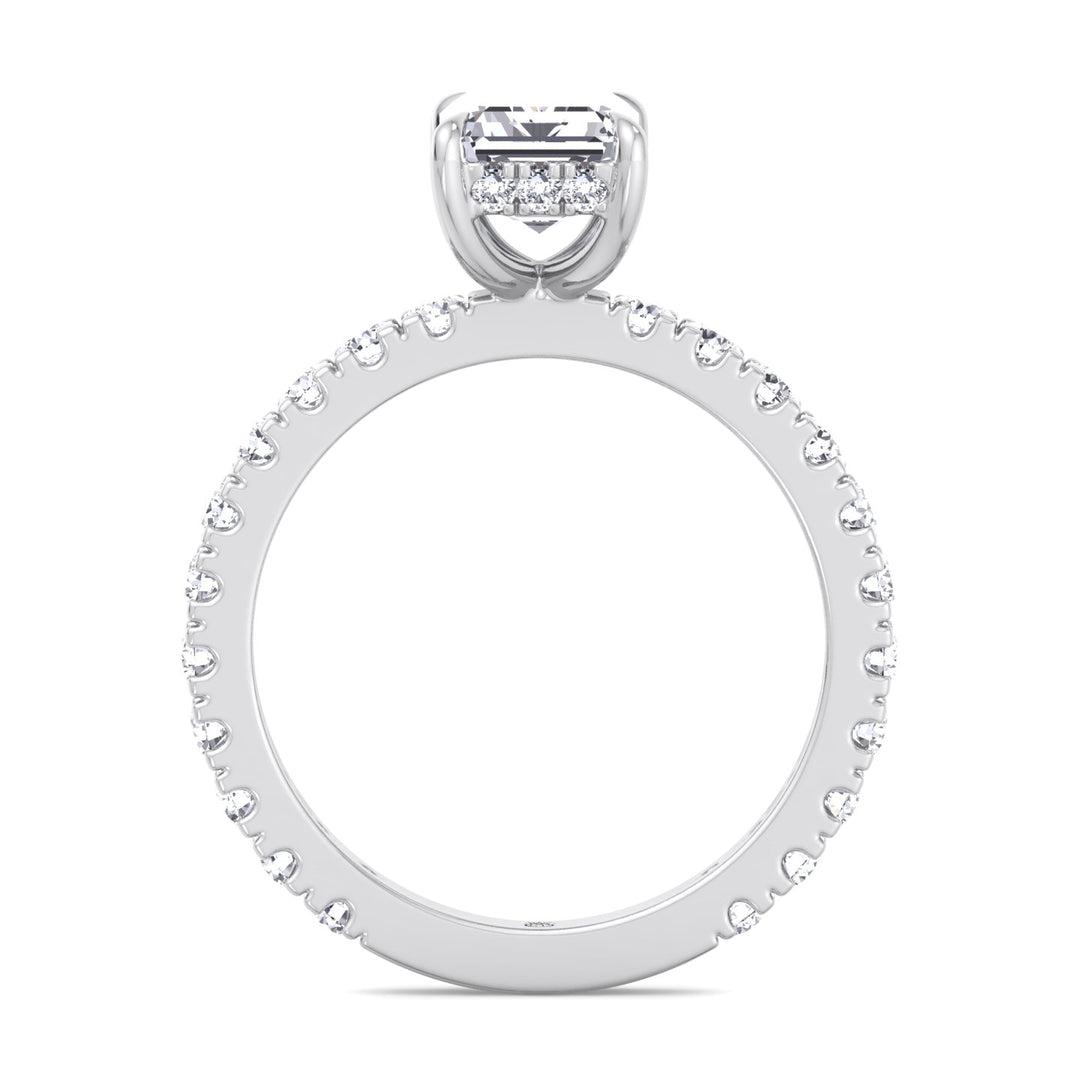 Emerald Cut Hidden Halo &amp; Round Side Stones Engagement Ring