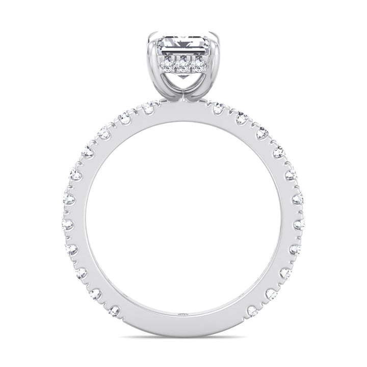 Emerald Cut Hidden Halo &amp; Round Side Stones Engagement Ring
