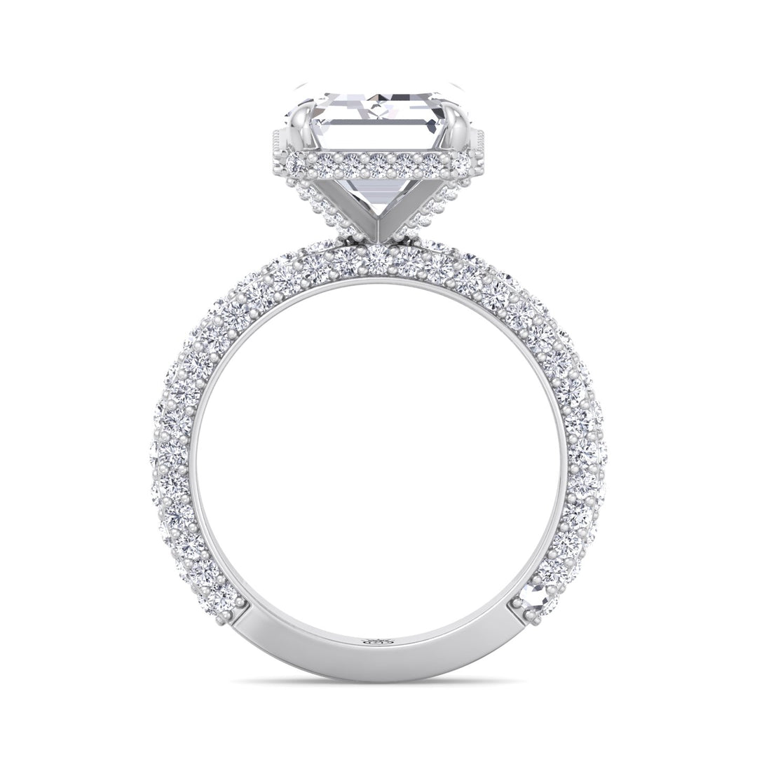 Emerald Cut Engagement Ring with Sidestones and Hidden Halo