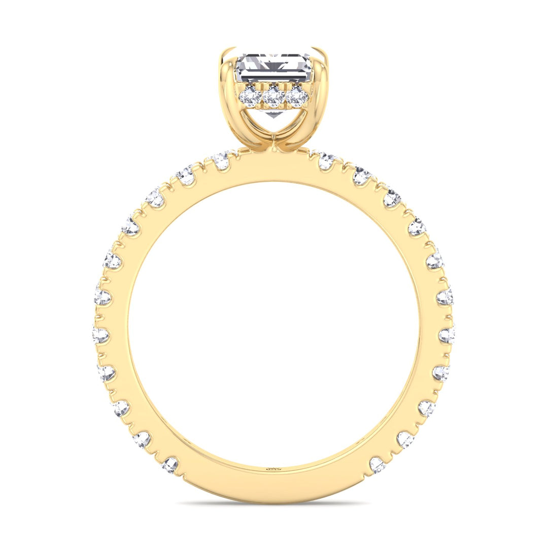 Emerald Cut Hidden Halo &amp; Round Side Stones Engagement Ring