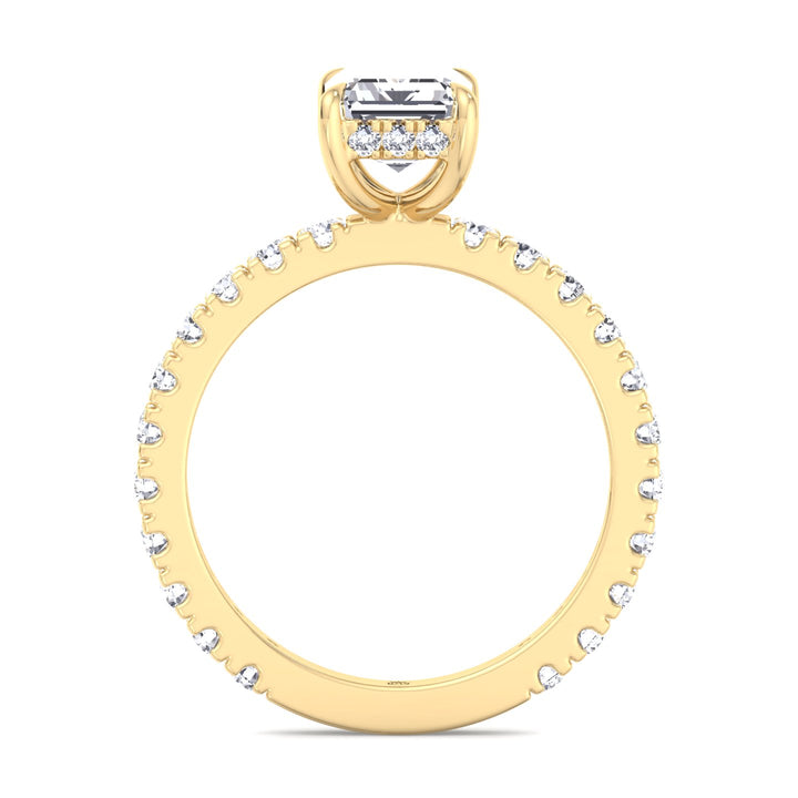 Emerald Cut Hidden Halo &amp; Round Side Stones Engagement Ring