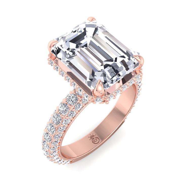 Emerald Cut Engagement Ring with Sidestones and Hidden Halo