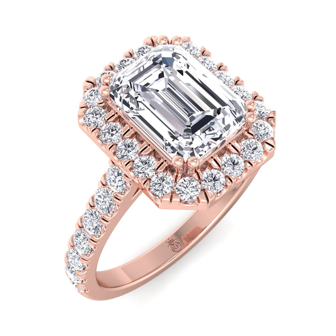 Emerald Cut Halo Engagement Ring with Sidestones