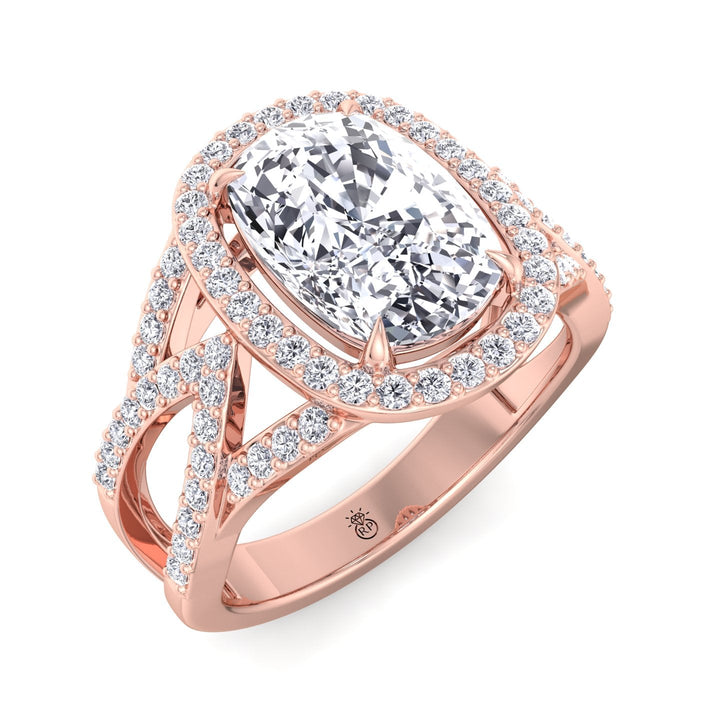 Elongated Cushion Cut Halo Engagement Ring Twist Band With Sidestones