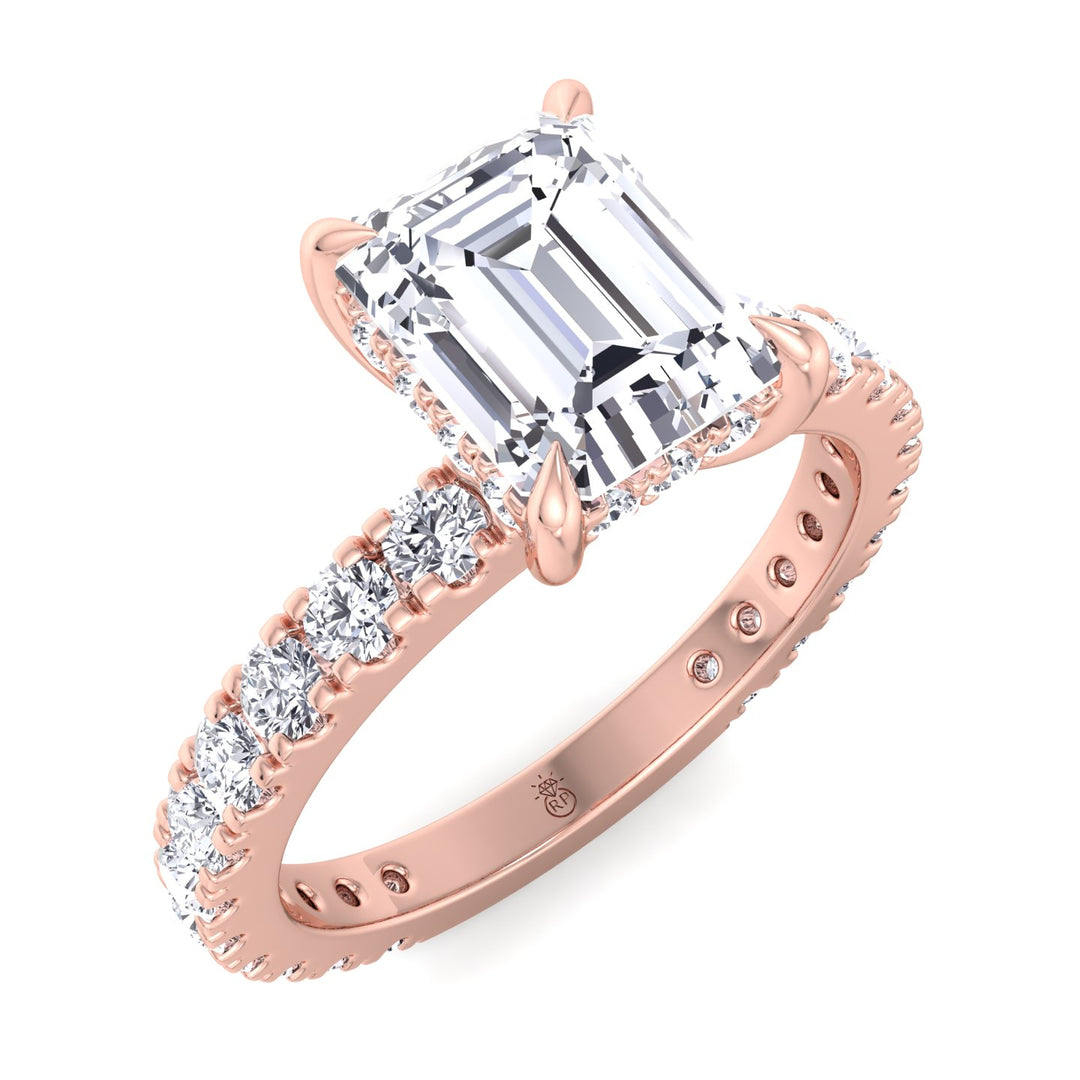 Emerald Cut Hidden Halo &amp; Round Side Stones Engagement Ring