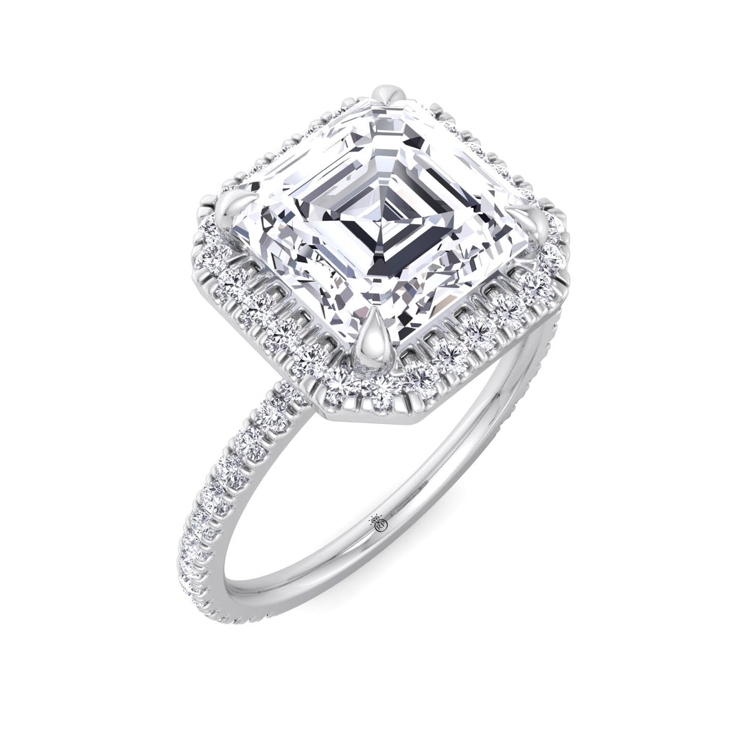 Asscher Cut Engagement Ring With A Halo and Sidestone