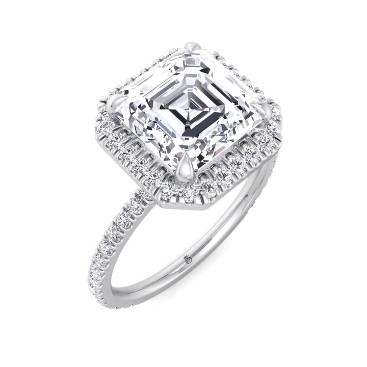 Asscher Cut Engagement Ring With A Halo and Sidestone