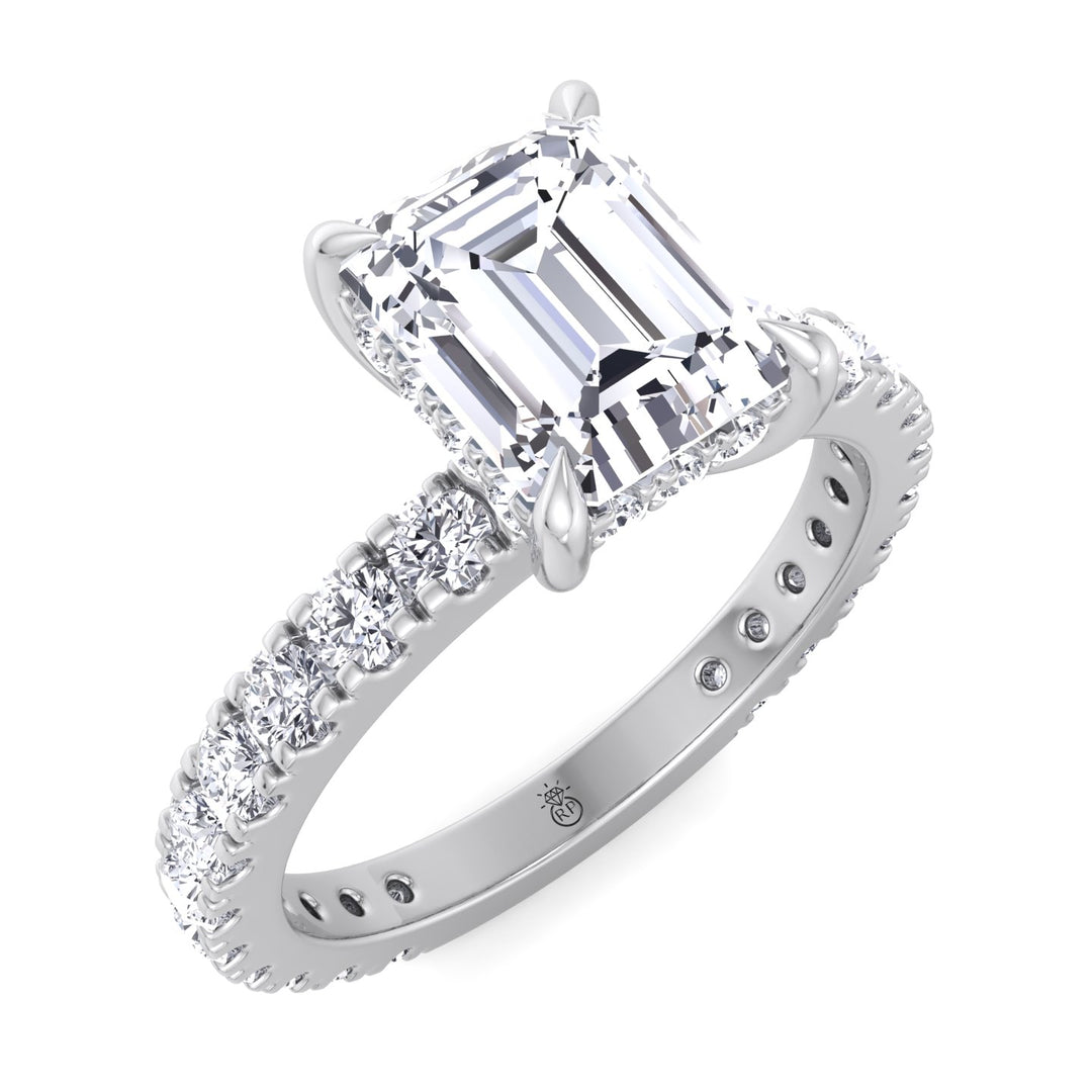 Emerald Cut Hidden Halo &amp; Round Side Stones Engagement Ring