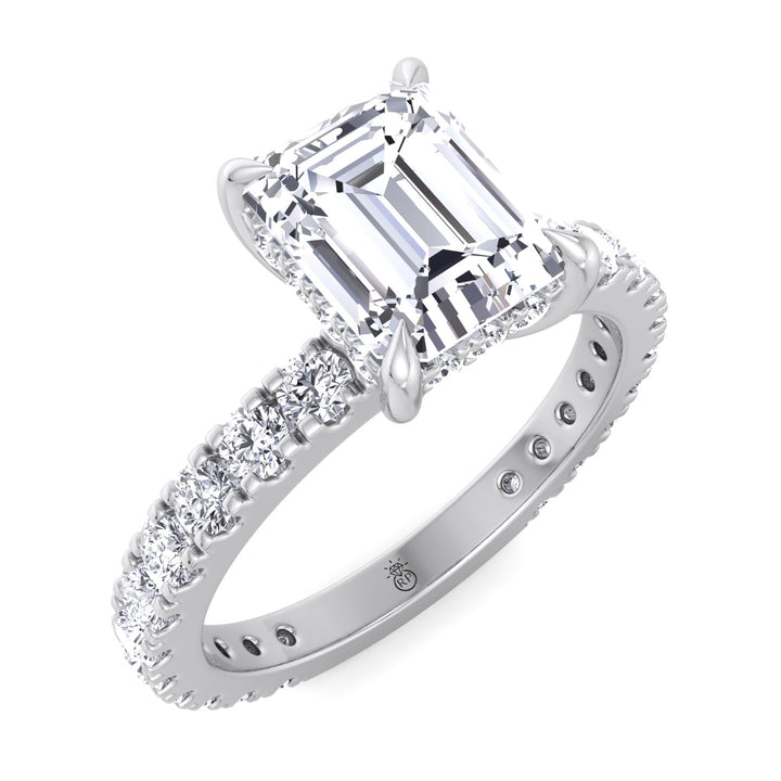 Emerald Cut Hidden Halo &amp; Round Side Stones Engagement Ring