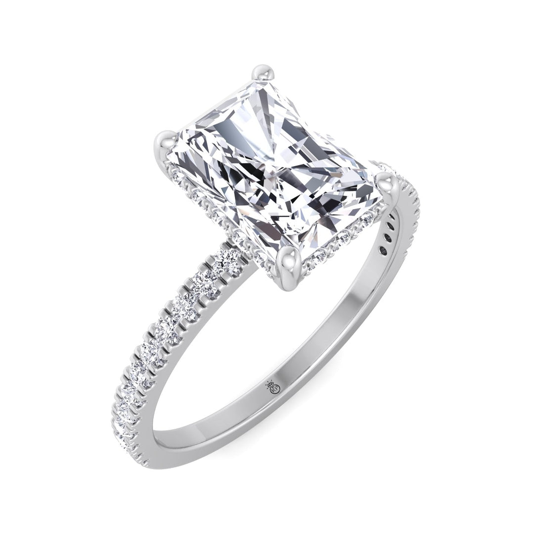 3CT Radiant Cut Hidden Halo Engagement Ring with Pavé Band 14K White Gold