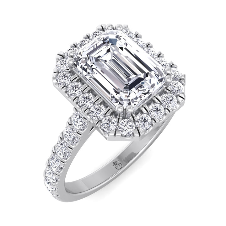 Emerald Cut Halo Engagement Ring with Sidestones