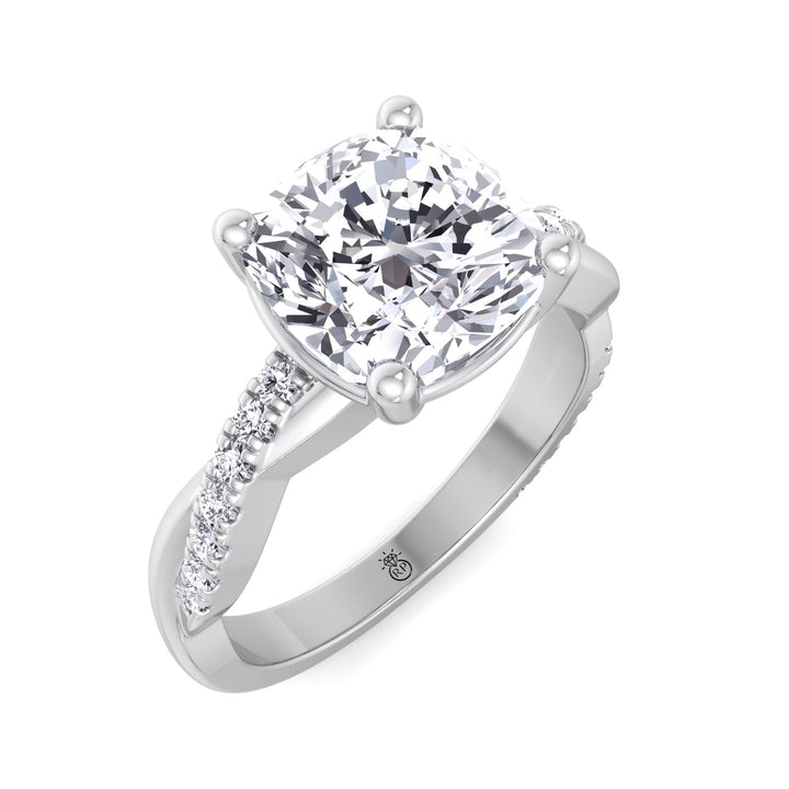 Cushion Cut Engagement Ring With Twisted Band &amp; Sidestones