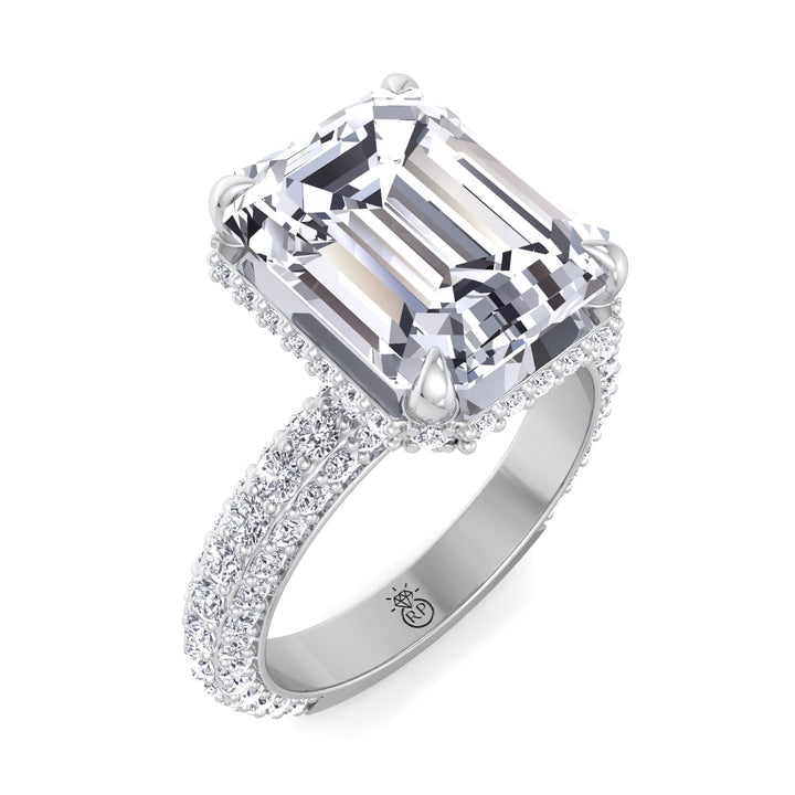 Emerald Cut Engagement Ring with Sidestones and Hidden Halo