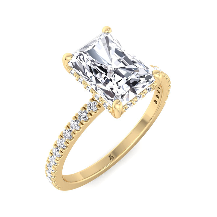 Radiant Cut Hidden Halo Engagement Ring with Pavé Band