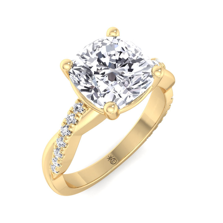 Cushion Cut Engagement Ring With Twisted Band &amp; Sidestones