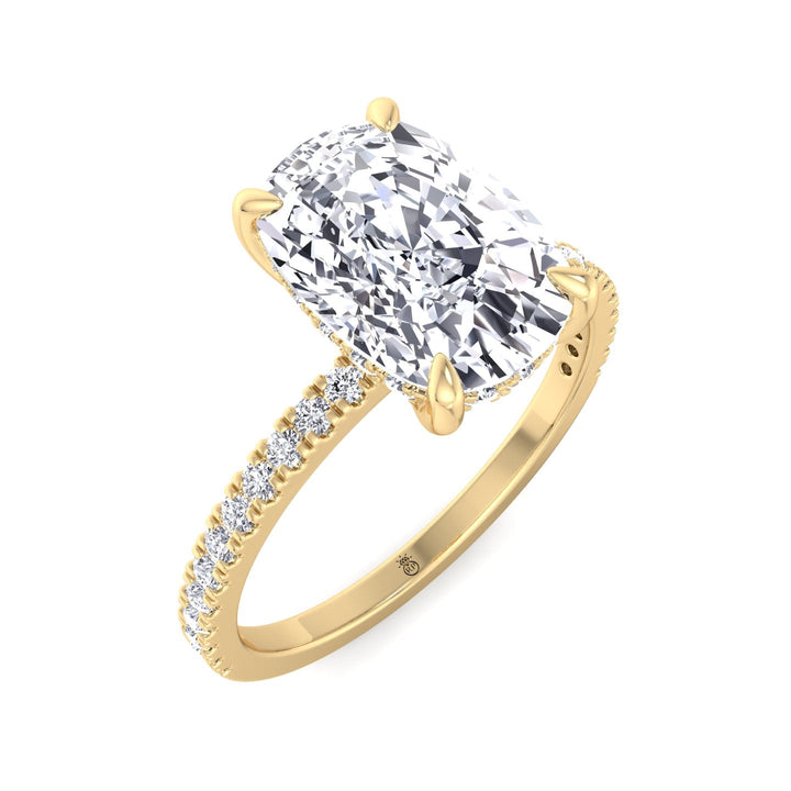 Elongated Cushion Cut Engagement Ring With Sidestones and Hidden Halo