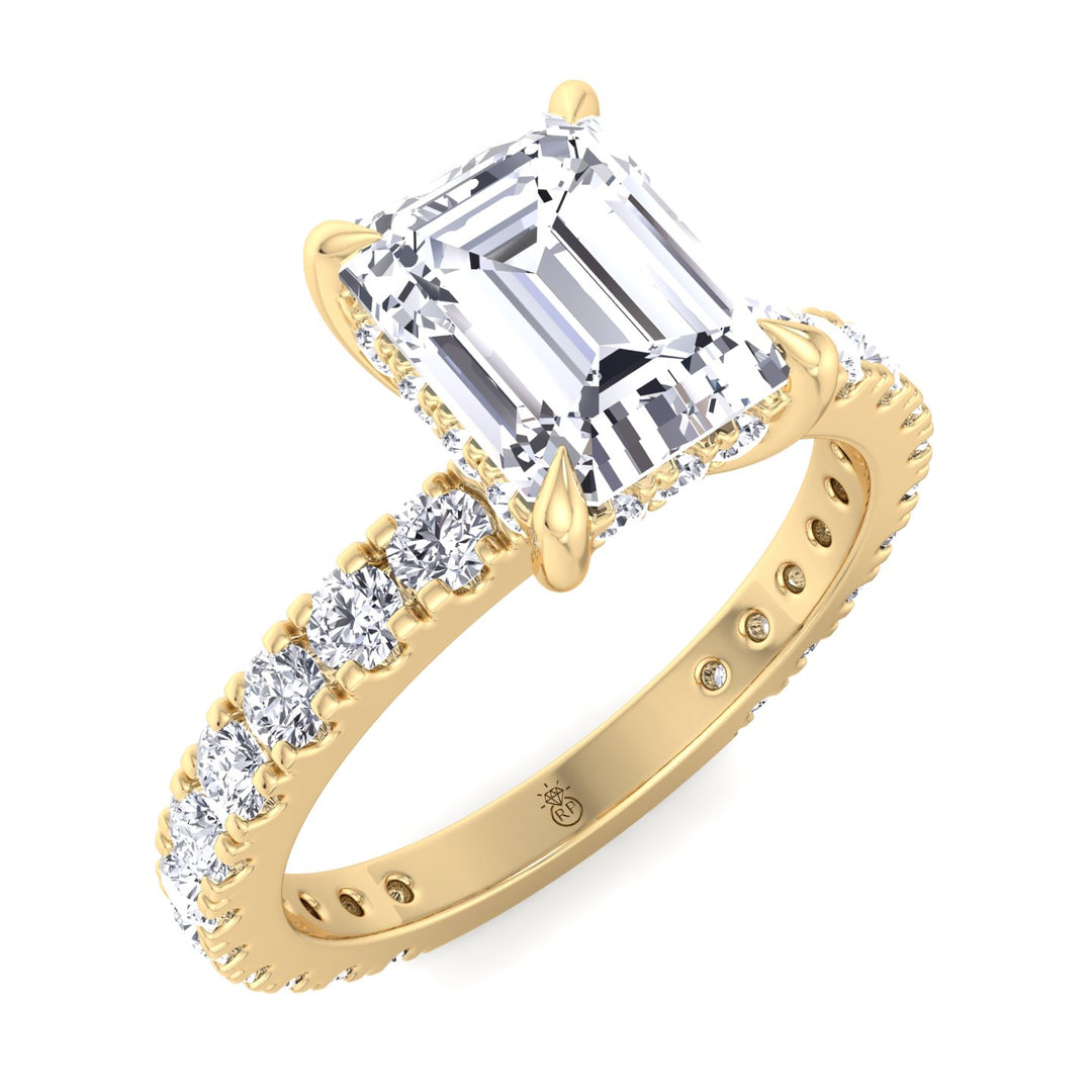 Emerald Cut Hidden Halo &amp; Round Side Stones Engagement Ring