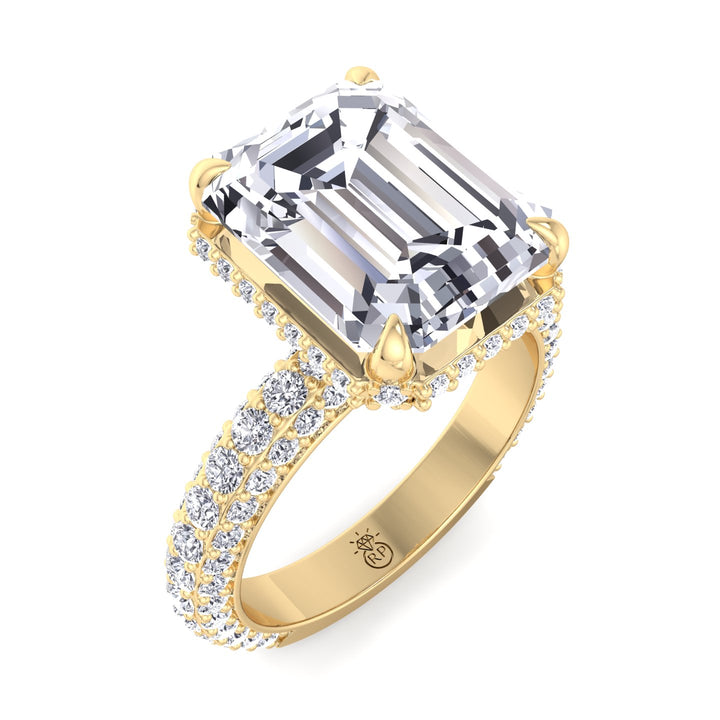Emerald Cut Engagement Ring with Sidestones and Hidden Halo