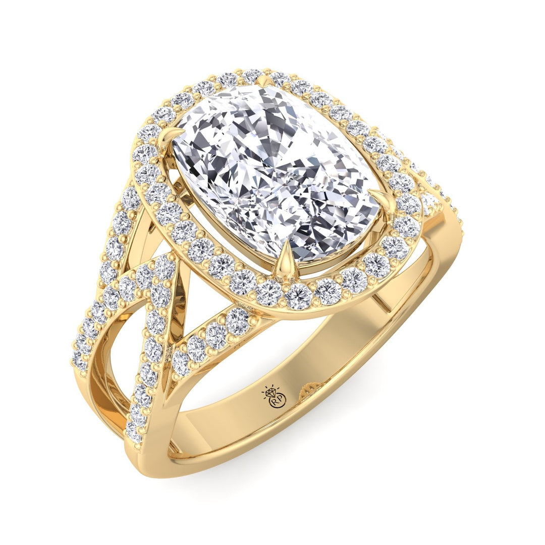 Elongated Cushion Cut Halo Engagement Ring Twist Band With Sidestones