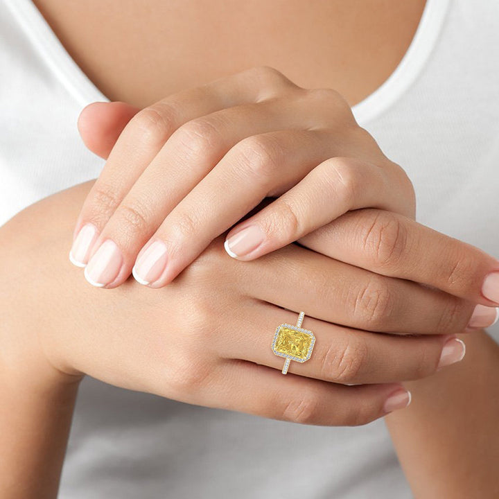 Radiant Cut Canary Yellow Engagement Ring With Pave Band and Halo