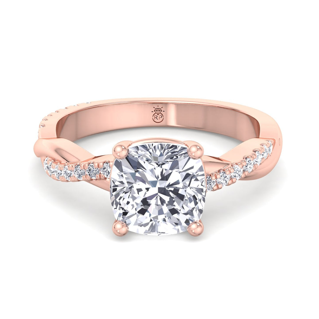 Cushion Cut Engagement Ring With Twisted Band &amp; Sidestones