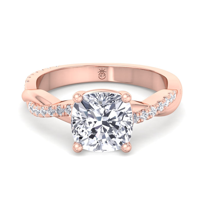 Cushion Cut Engagement Ring With Twisted Band &amp; Sidestones