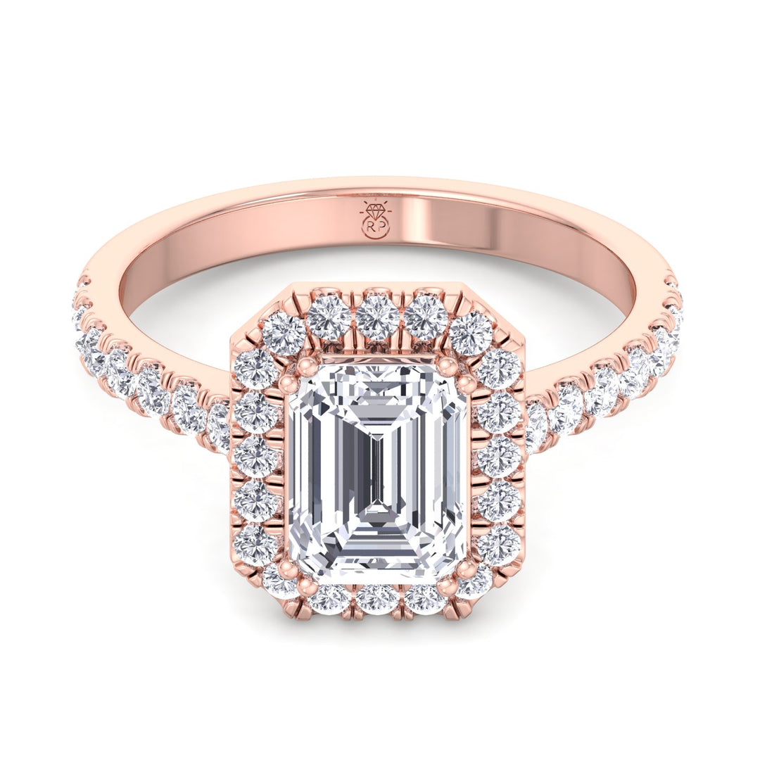 Emerald Cut Halo Engagement Ring with Sidestones