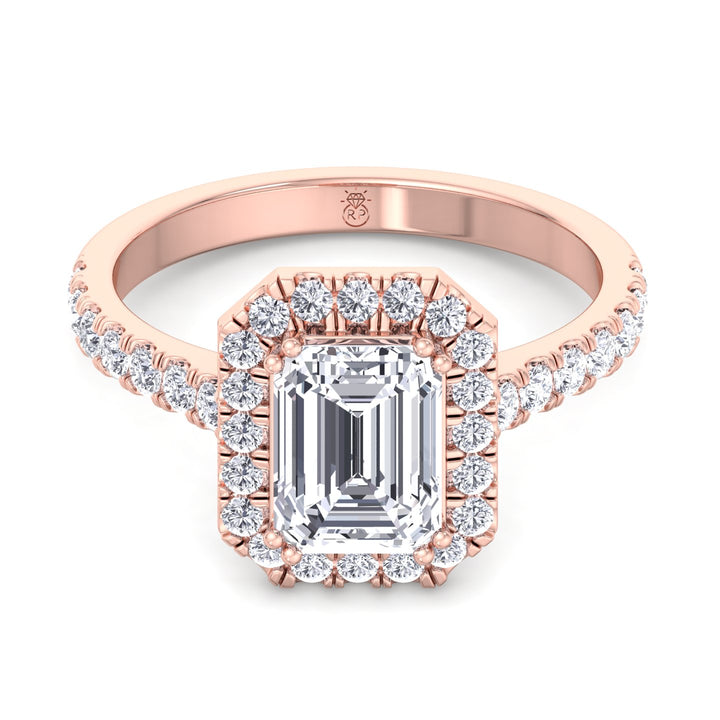Emerald Cut Halo Engagement Ring with Sidestones