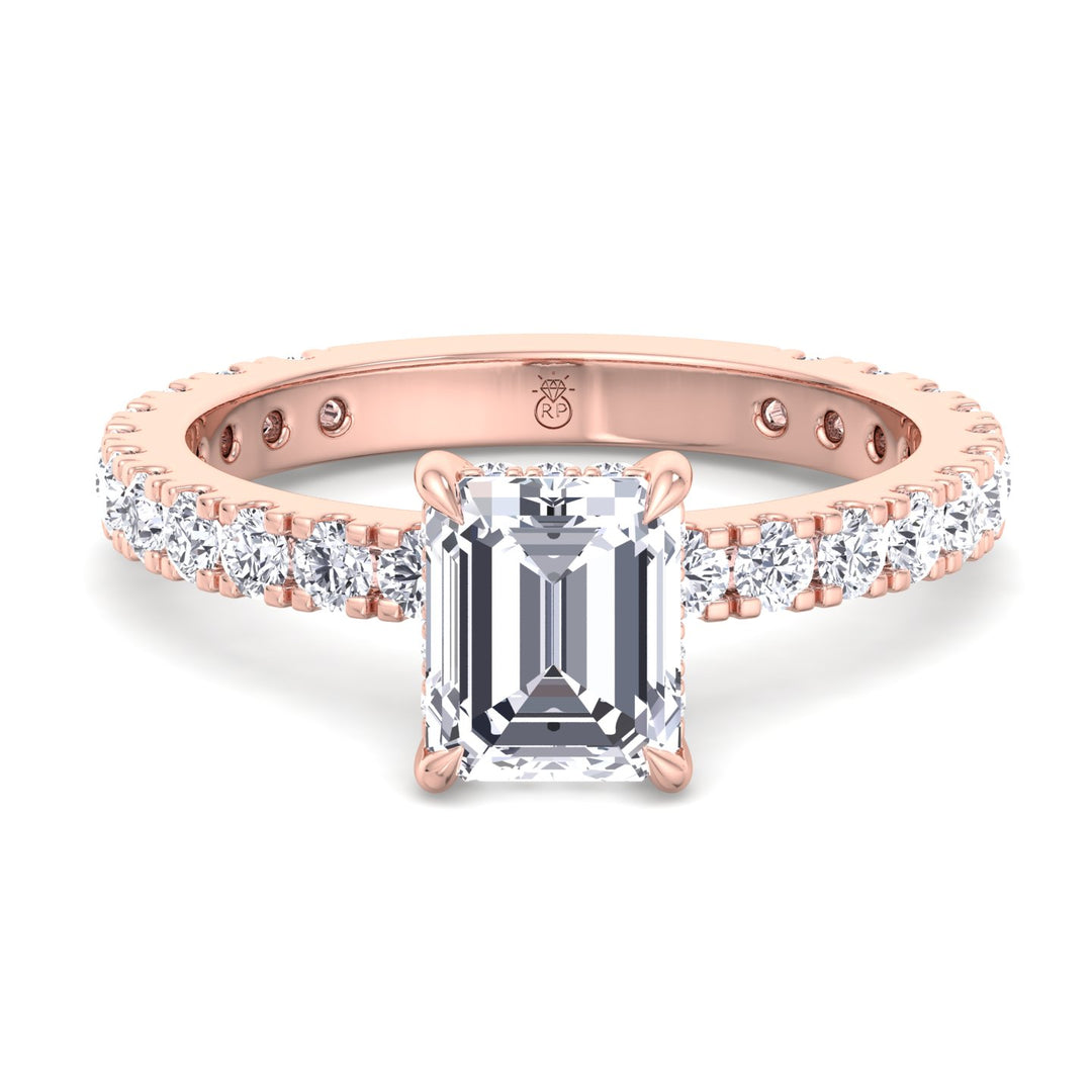 Emerald Cut Hidden Halo &amp; Round Side Stones Engagement Ring