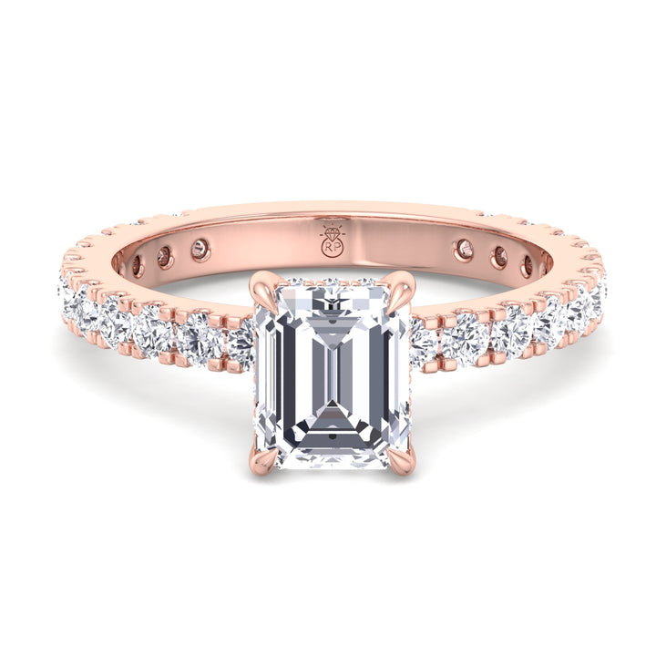 Emerald Cut Hidden Halo &amp; Round Side Stones Engagement Ring