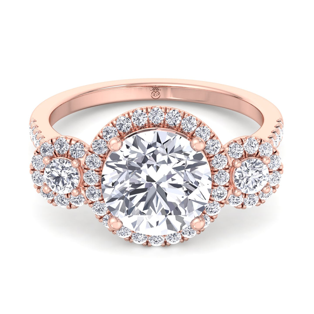 Round Cut Triple Halo Ring with Sidestones