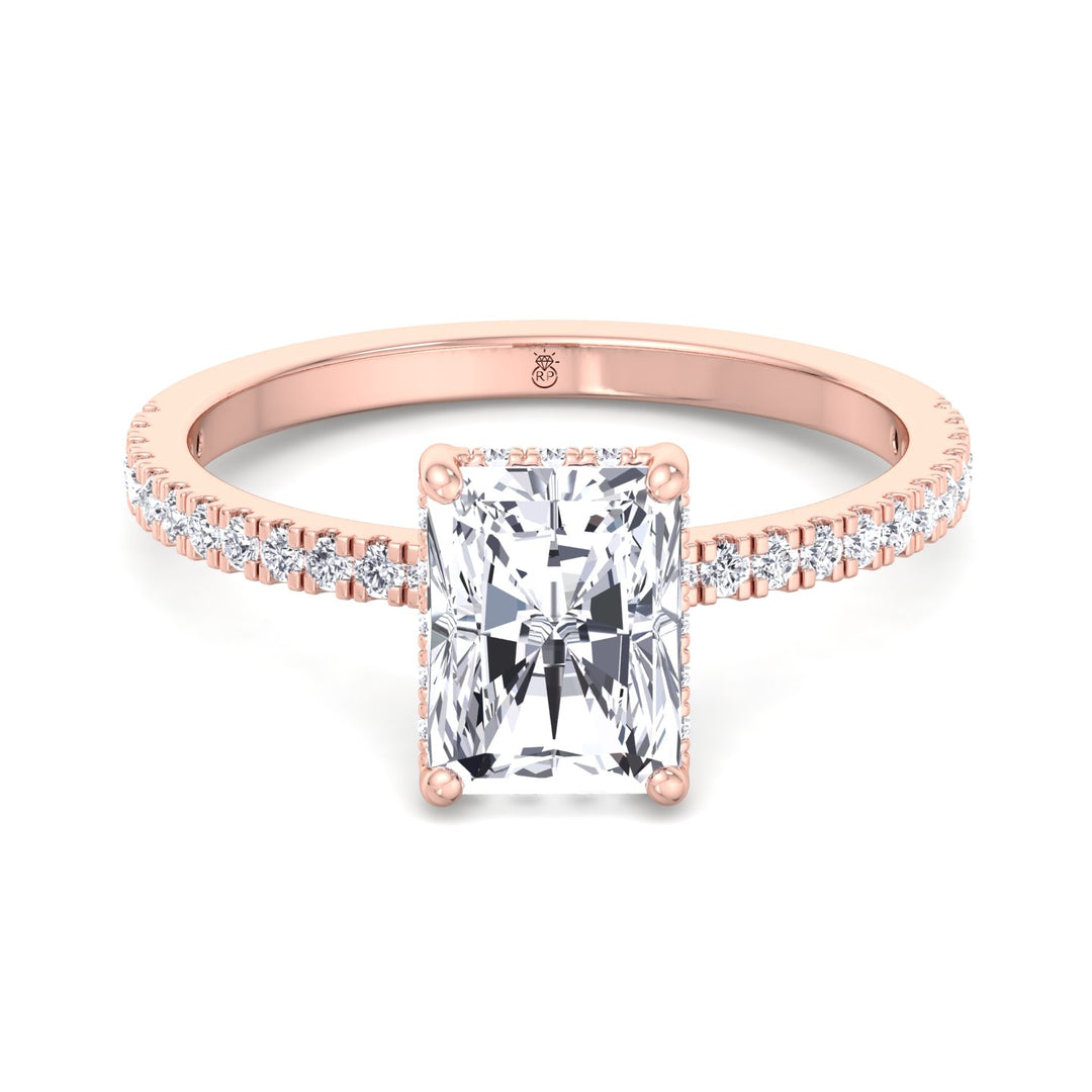 Radiant Cut Hidden Halo Engagement Ring with Pavé Band