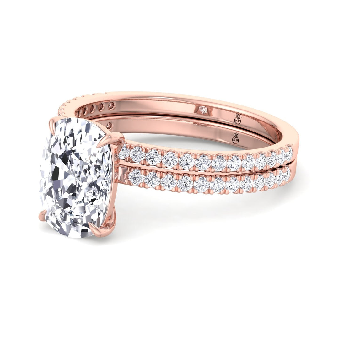 Elongated Cushion Cut Engagement Ring With Double Band and Sidestones