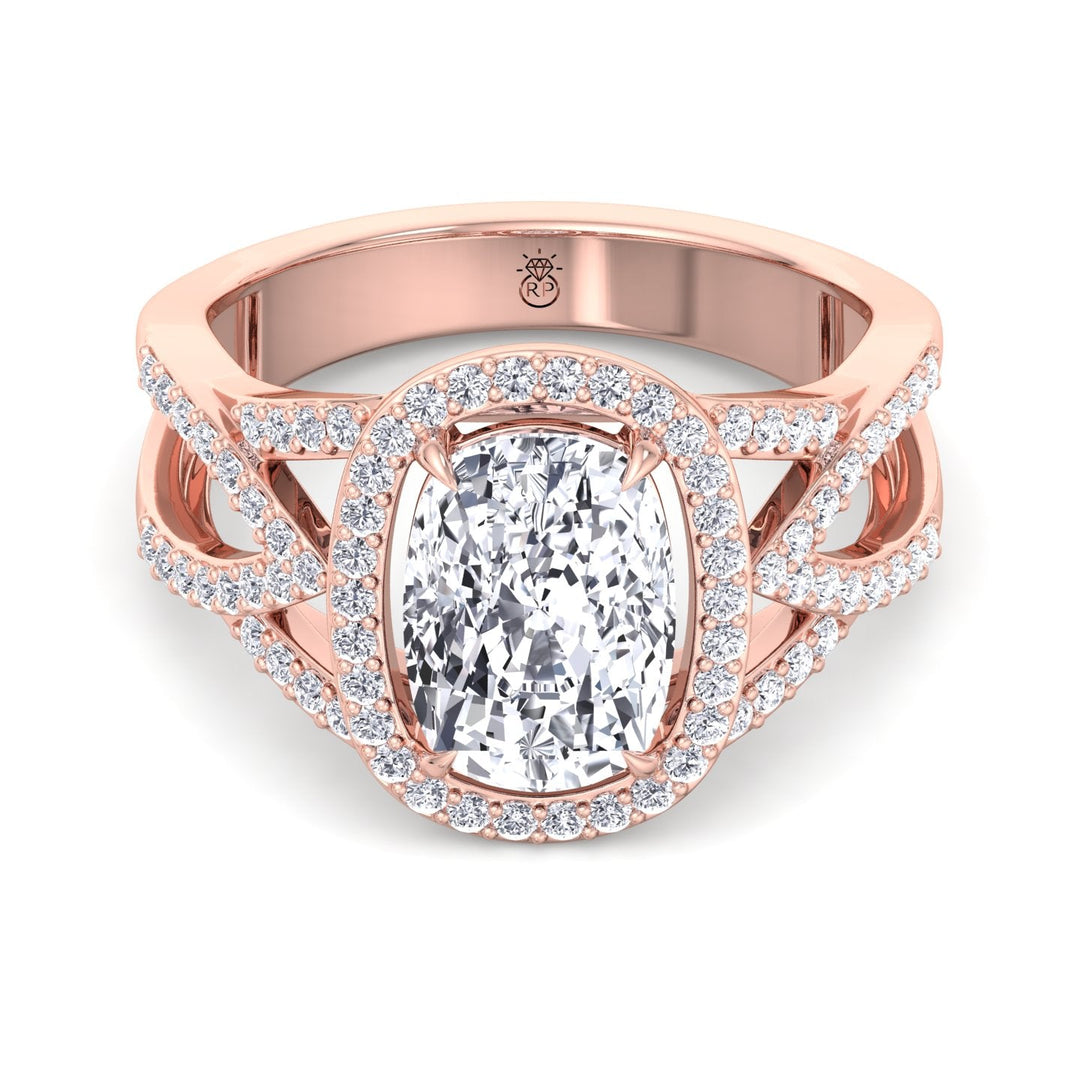 Elongated Cushion Cut Halo Engagement Ring Twist Band With Sidestones